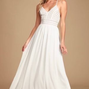 Lulus Meet Me in Madrid White Beaded Maxi Dress